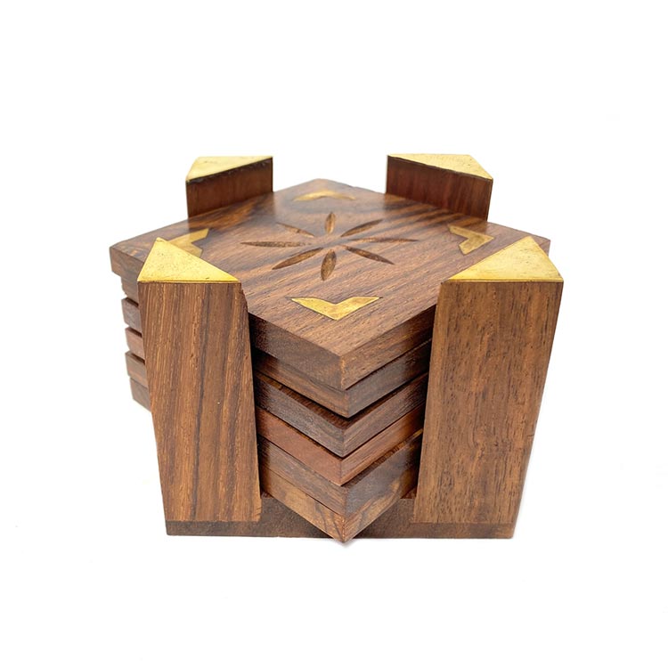 Earth Store Wooden Coaster With Stool Look Holder (Set of 6)