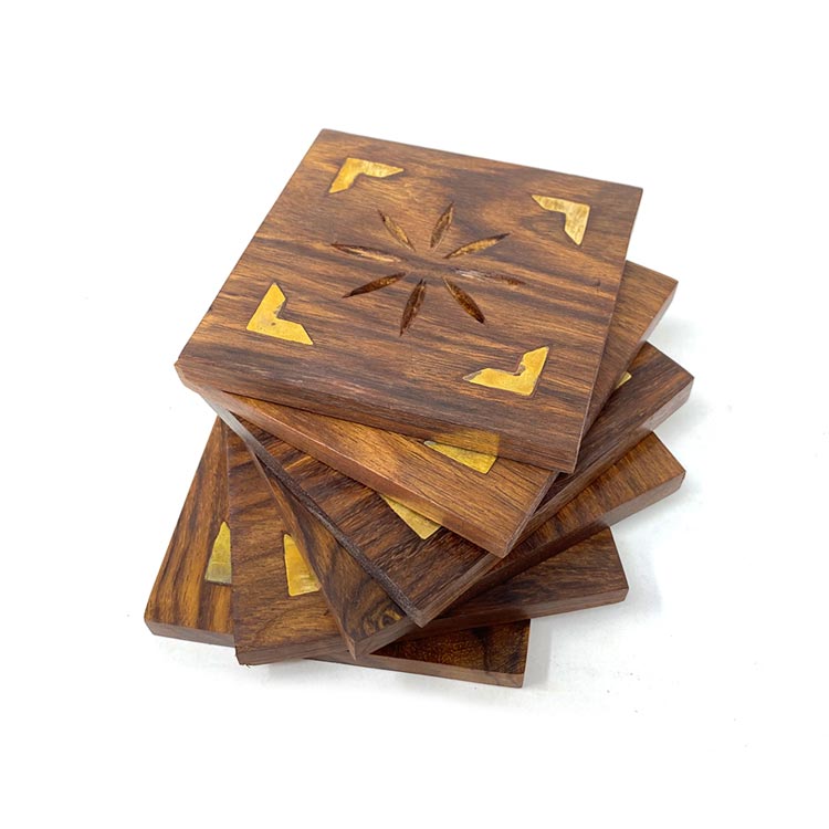 Earth Store Wooden Coaster With Stool Look Holder (Set of 6)