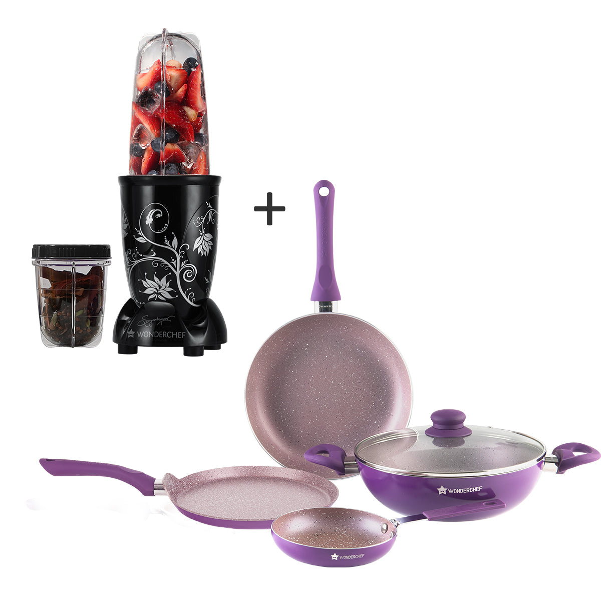 Nutri-Blend Mixer Grinder 2 Jar (Black) and Royal Velvet Aluminium Nonstick Cookware Set (Purple)