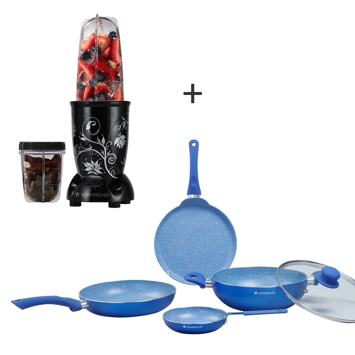 Nutri-Blend Mixer Grinder 2 Jar (Black) and Royal Velvet Aluminium Nonstick Cookware Set (Blue)