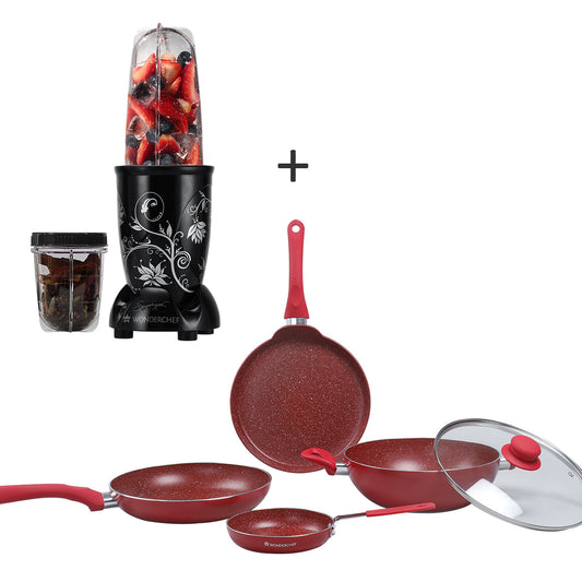 Nutri-Blend Mixer Grinder 2 Jar (Black) and Royal Velvet Aluminium Nonstick Cookware Set (Red)