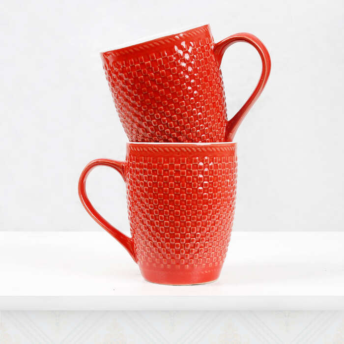 Earth Store Milk Mug Red Check  (Set of 2)