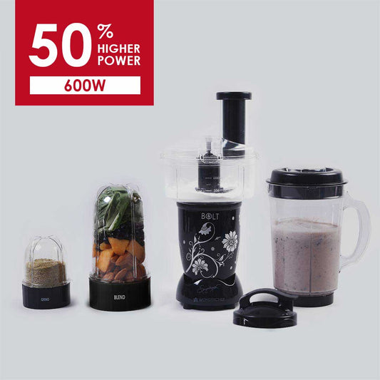 Nutri-blend BOLT-600W Mixer With Compact Food Processor & Atta Kneader, Stronger & Swifter With Sipper Lid, 22000RPM, 4 Unbreakable Jars, Sharper Steel Blades, 2 Yrs Warranty, Black, E-Recipe Book By Chef Sanjeev Kapoor