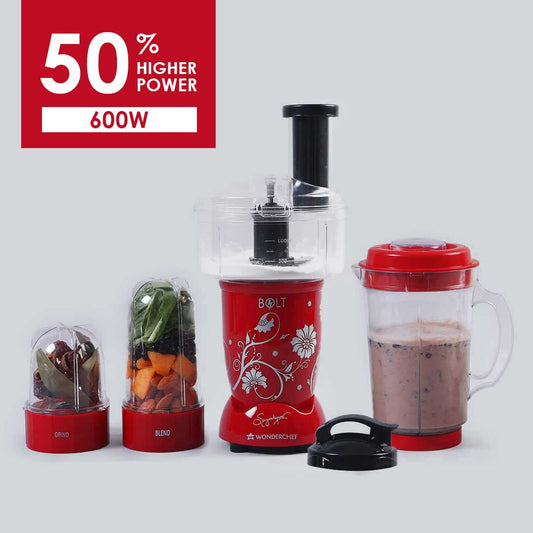 Nutri-blend BOLT-600W Mixer With Compact Food Processor & Atta Kneader, Stronger & Swifter With Sipper Lid, 22000RPM, 4 Unbreakable Jars, Sharper Steel Blades, 2 Yrs Warranty, Red, E-Recipe Book By Chef Sanjeev Kapoor