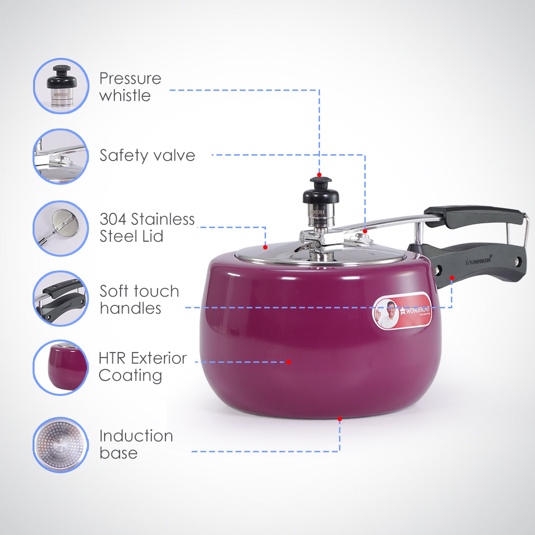 Regalia Induction Base Pressure Cooker with Inner Lid, 3L, 2 Years Warranty, Purple