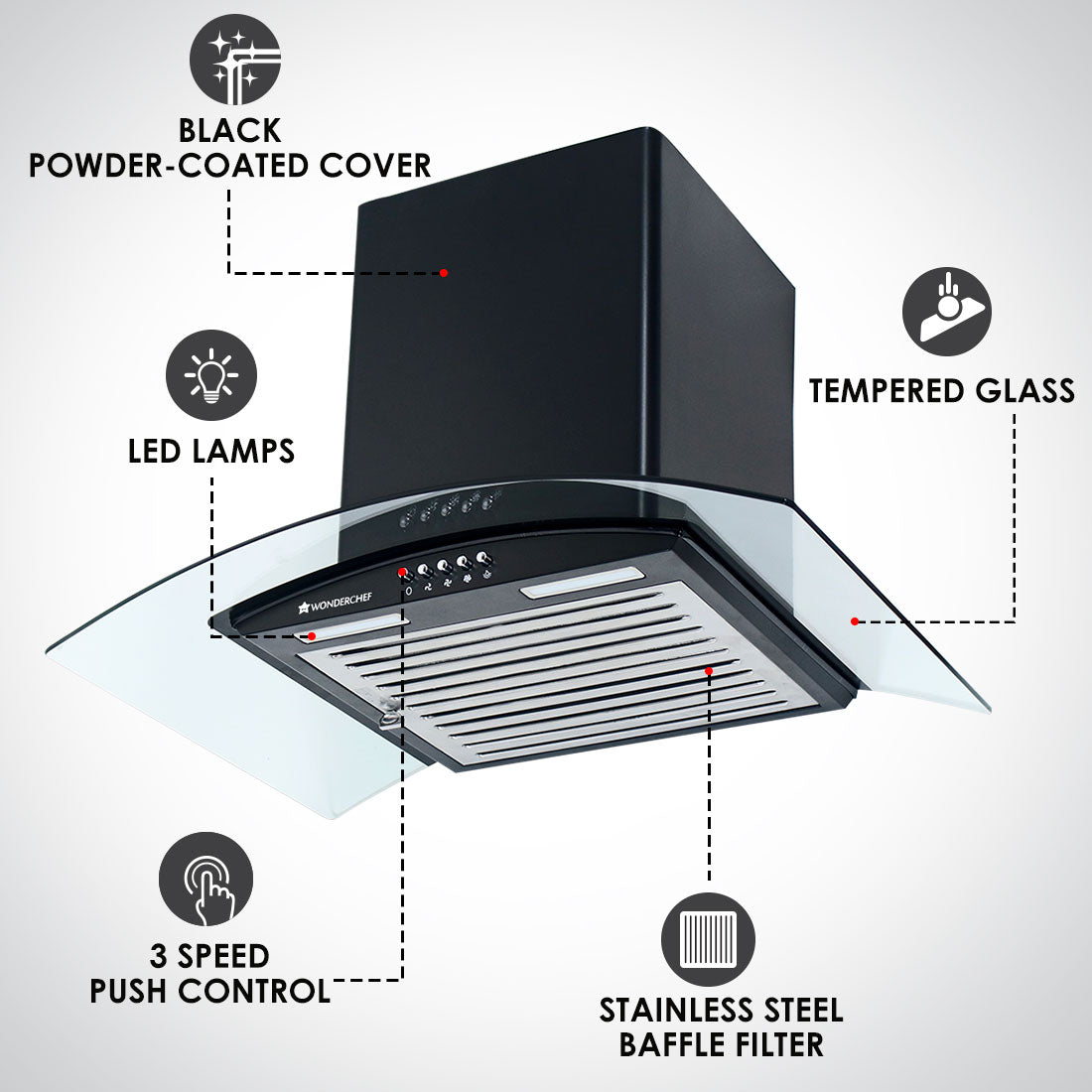 Power Curve wall-mount 60cm Chimney Black, 1000m3/h suction capacity, 3 speed push control, Low noise, Baffle Filter