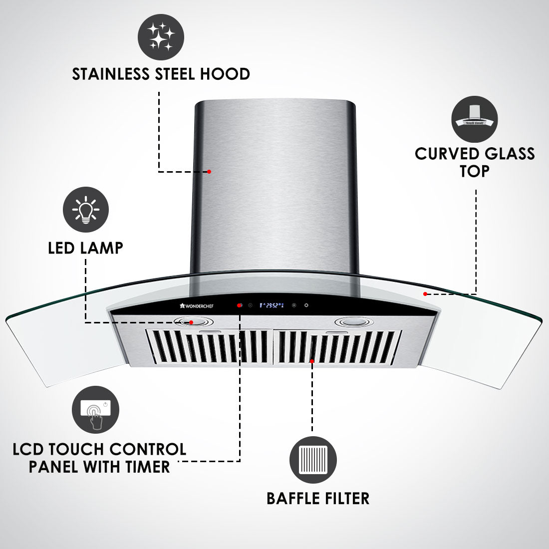 Napoli Curve Glass Chimney 90cm/1250m3/h with Baffle Filters