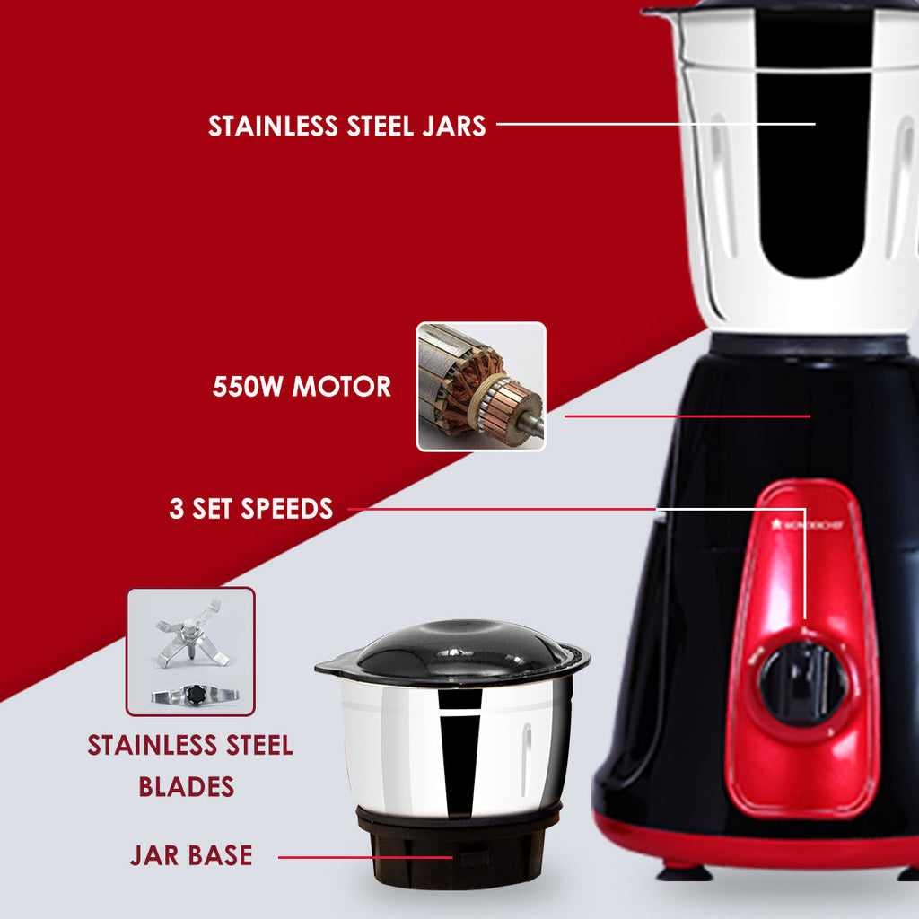 Platinum Mixer Grinder 550W with 3 Stainless Steel Jars And Anti-Rust Stainless Steel Blades, Ergonomic Handles, 5 Years Warranty On Motor,  Black & Crimson