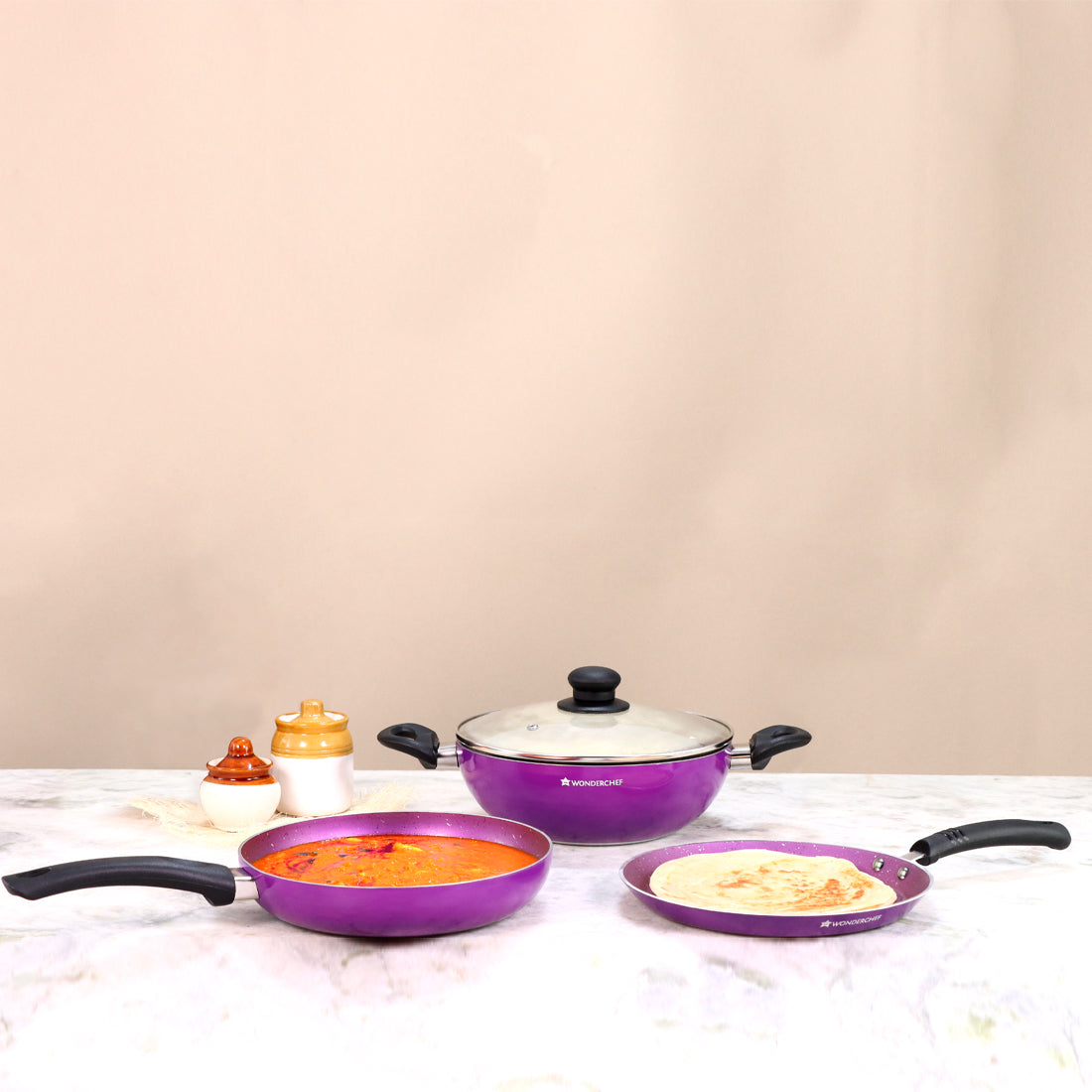 Platinum Non-stick Cookware Set, 4Pc (Wok with Lid, Fry Pan, Dosa Tawa), Cool Touch Bakelite Handles, Pure Grade Aluminium, PFOA free, Induction Friendly, 2.5 mm, 2 Years Warranty, Purple