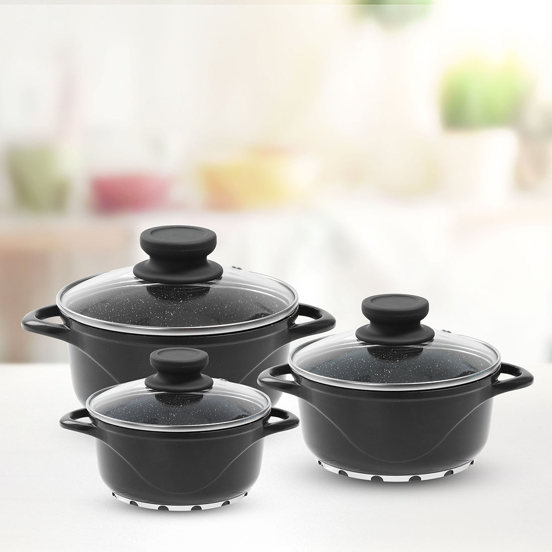 Ceramide Excellence Casserole Set, 3Pc (1200ML, 2000ML, 3500ML), Induction Friendly, Glass Lid, 2 Years Warranty