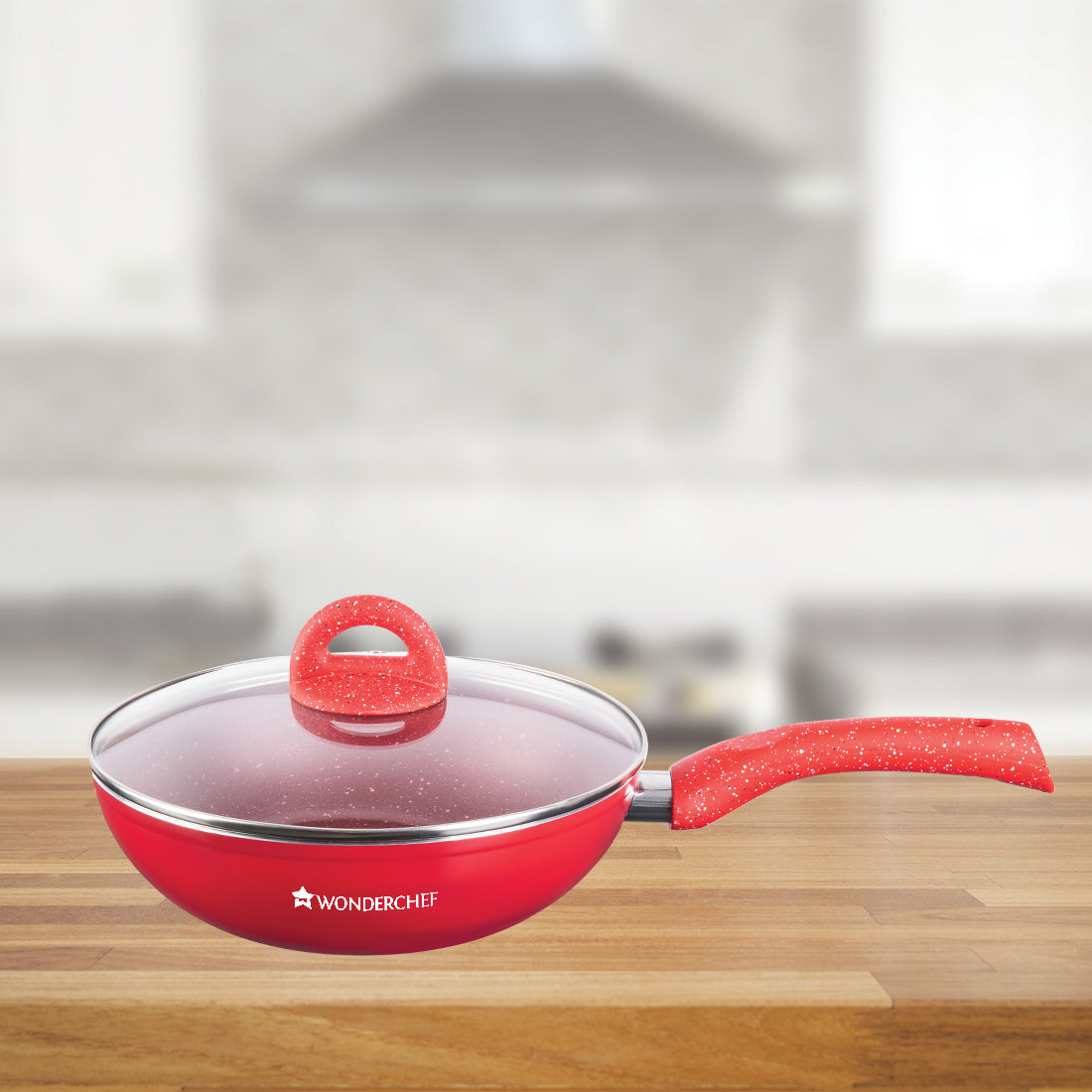 Granite Aluminium Non-stick Wok With Glass Lid, 24cm, 2.7L, 3.5mm, Red, Compatible On Hot Plate, Hobs, Gas Stove, Ceramic Plate And Induction, 2 Years Warranty