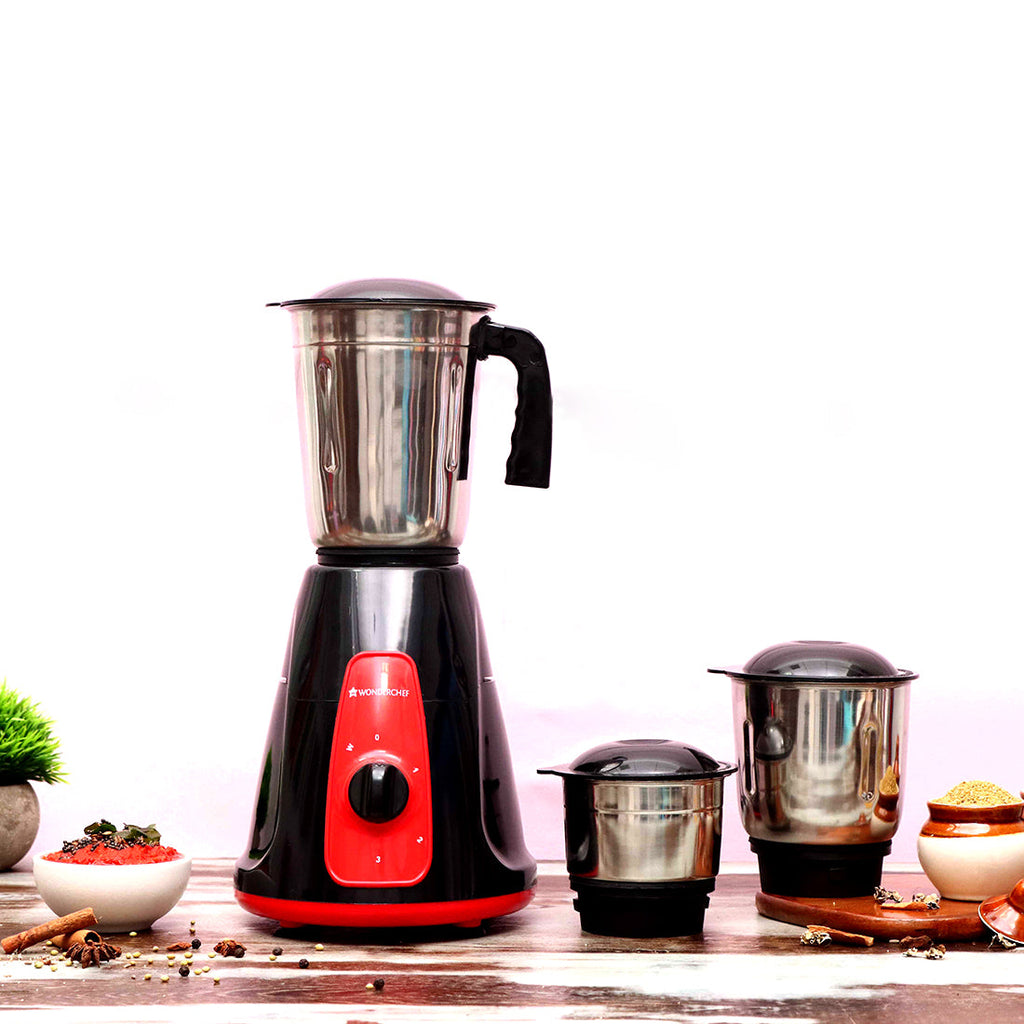 Platinum Mixer Grinder 550W with 3 Stainless Steel Jars And Anti-Rust Stainless Steel Blades, Ergonomic Handles, 5 Years Warranty On Motor,  Black & Crimson