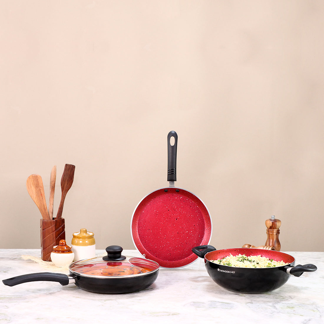 Ruby Set Red 24 cm, Wok. Fry-Pan, Dosa Tawa, Non-Stick - Meta Tuff, Glass Lid with Steam vent