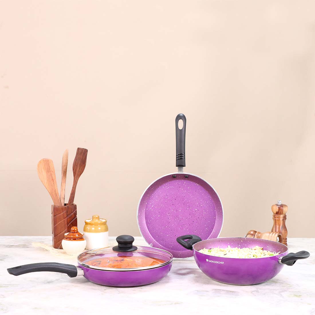 Ruby Set Purple 24 cm, Non- Stick, Meta Tuff, Wok, Fry Pan, Dosa Tawa, Pure grade Aluminum