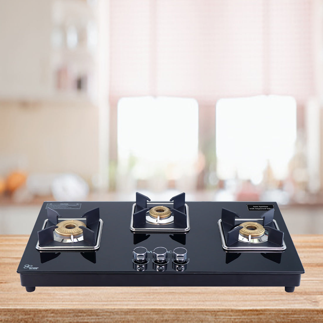 Octavia Auto 3 Burner, Ergonomic knobs, 8 mm thick toughened glass, 2 Years warranty