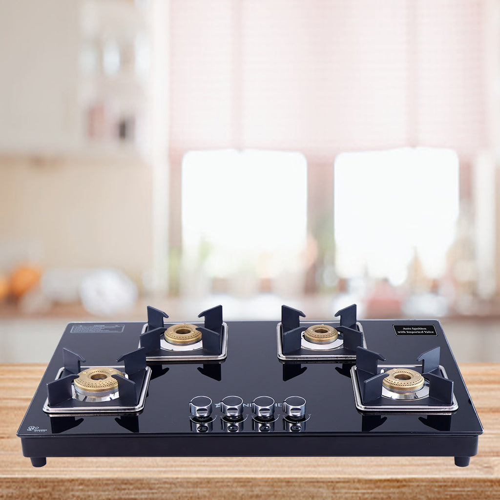 Octavia Auto 4 Burner, Ergonomic knobs, 8 mm thick toughened glass, 2 Years warranty