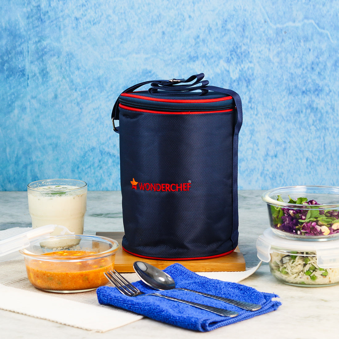 Nutri-Meal Lunch Box With Bag and 3 Toughened Glass Containers, Anti-Spill Design