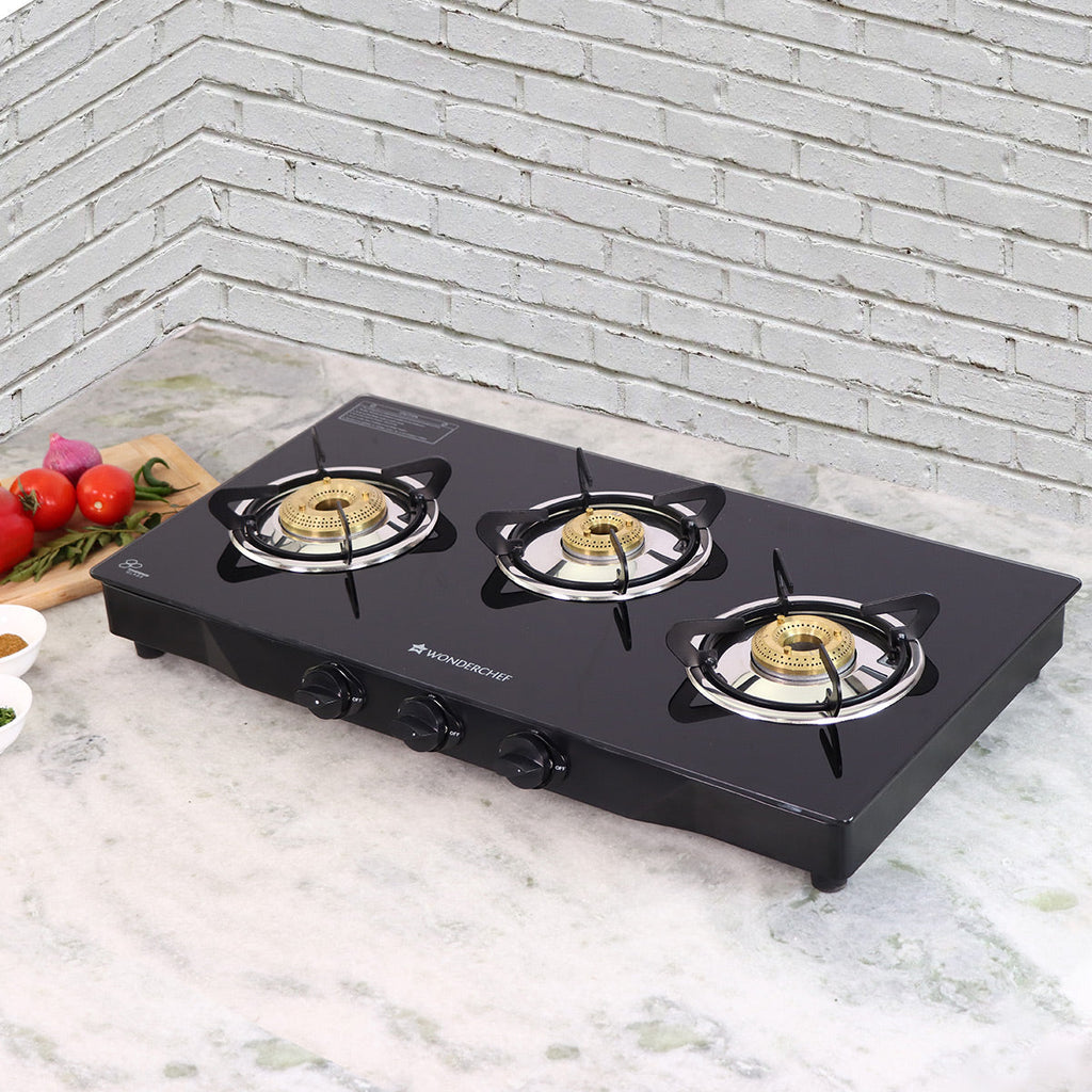 Glory 3 Burner Glass Cooktop, Black 8mm Toughened Glass with 2 Years Warranty, Ergonomic Knobs, Stainless Steel Drip Tray, Manual Ignition Gas Stove