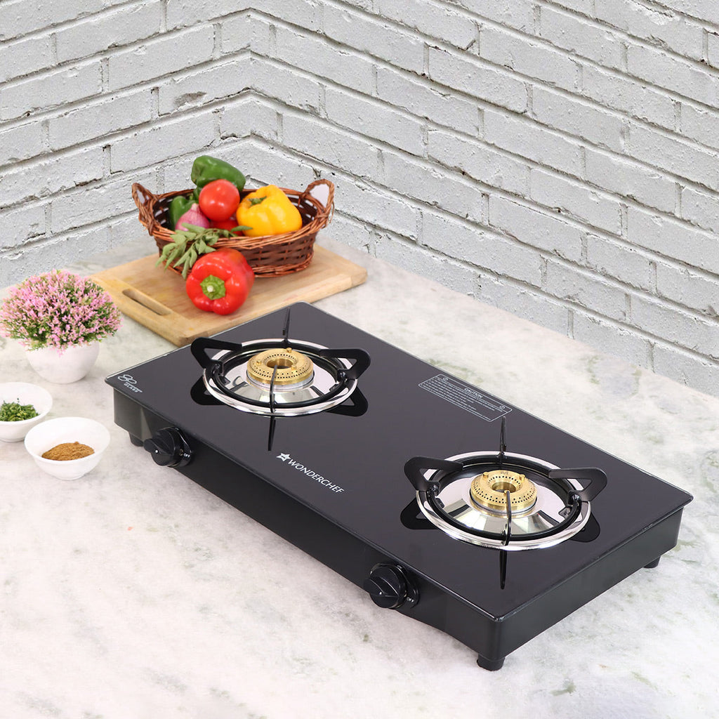 Glory 2 Burner Glass Cooktop, Stainless Steel Drip Tray, Black Toughened Glass with 2 Year Warranty,  Manual Ignition Gas Stove