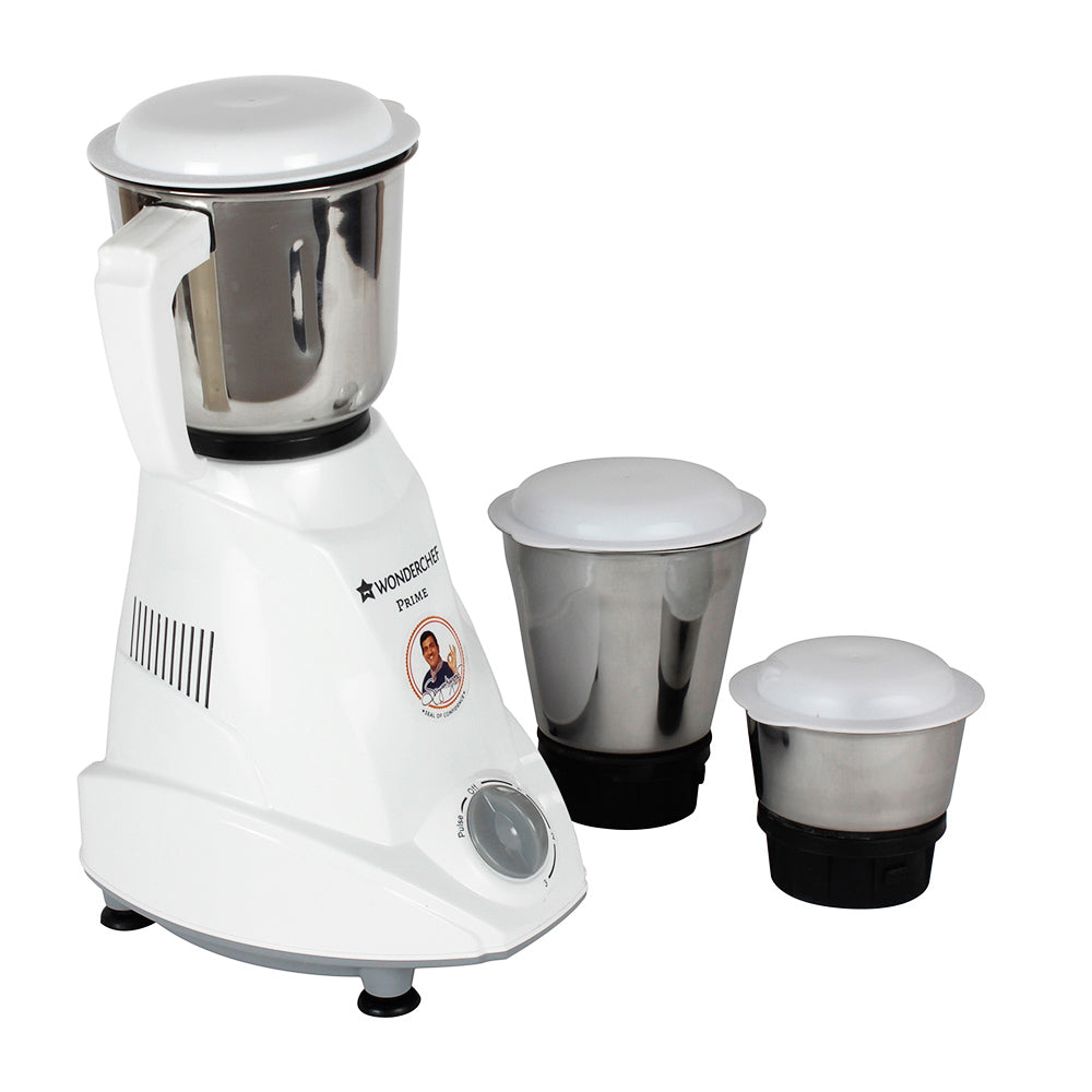 Prime Mixer Grinder, 500W With 3 Thicker Steel Jars, Die-cast Jar Base, Sharp Blade, 5 Years Warranty on Motor, White