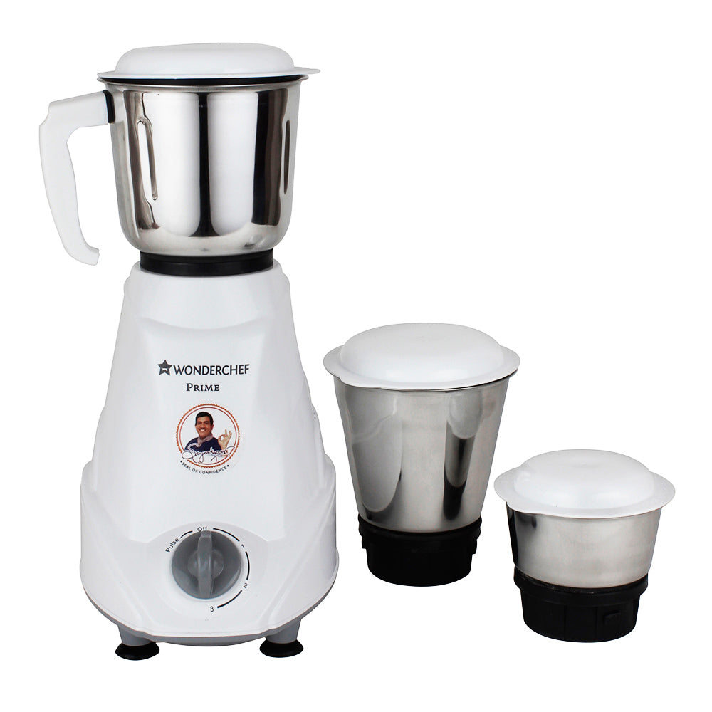 Prime Mixer Grinder, 500W With 3 Thicker Steel Jars, Die-cast Jar Base, Sharp Blade, 5 Years Warranty on Motor, White