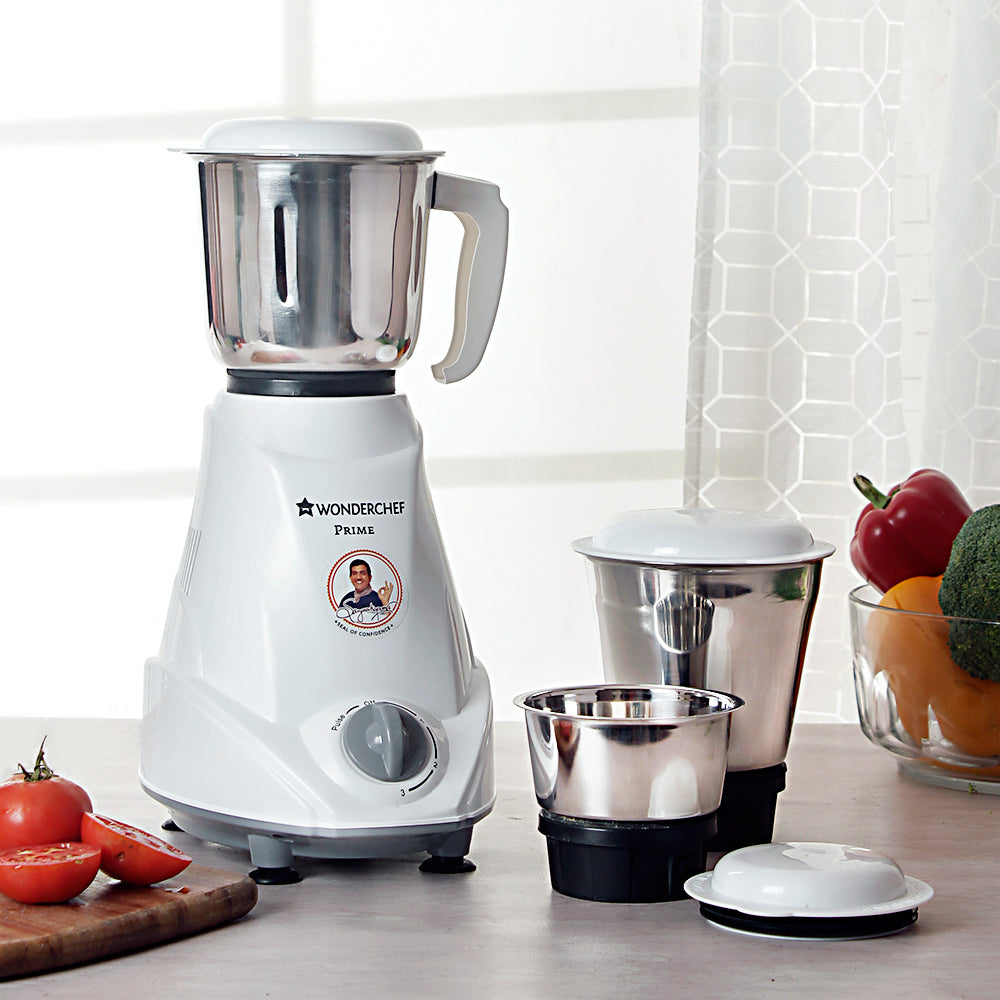 Prime Mixer Grinder, 500W With 3 Thicker Steel Jars, Die-cast Jar Base, Sharp Blade, 5 Years Warranty on Motor, White