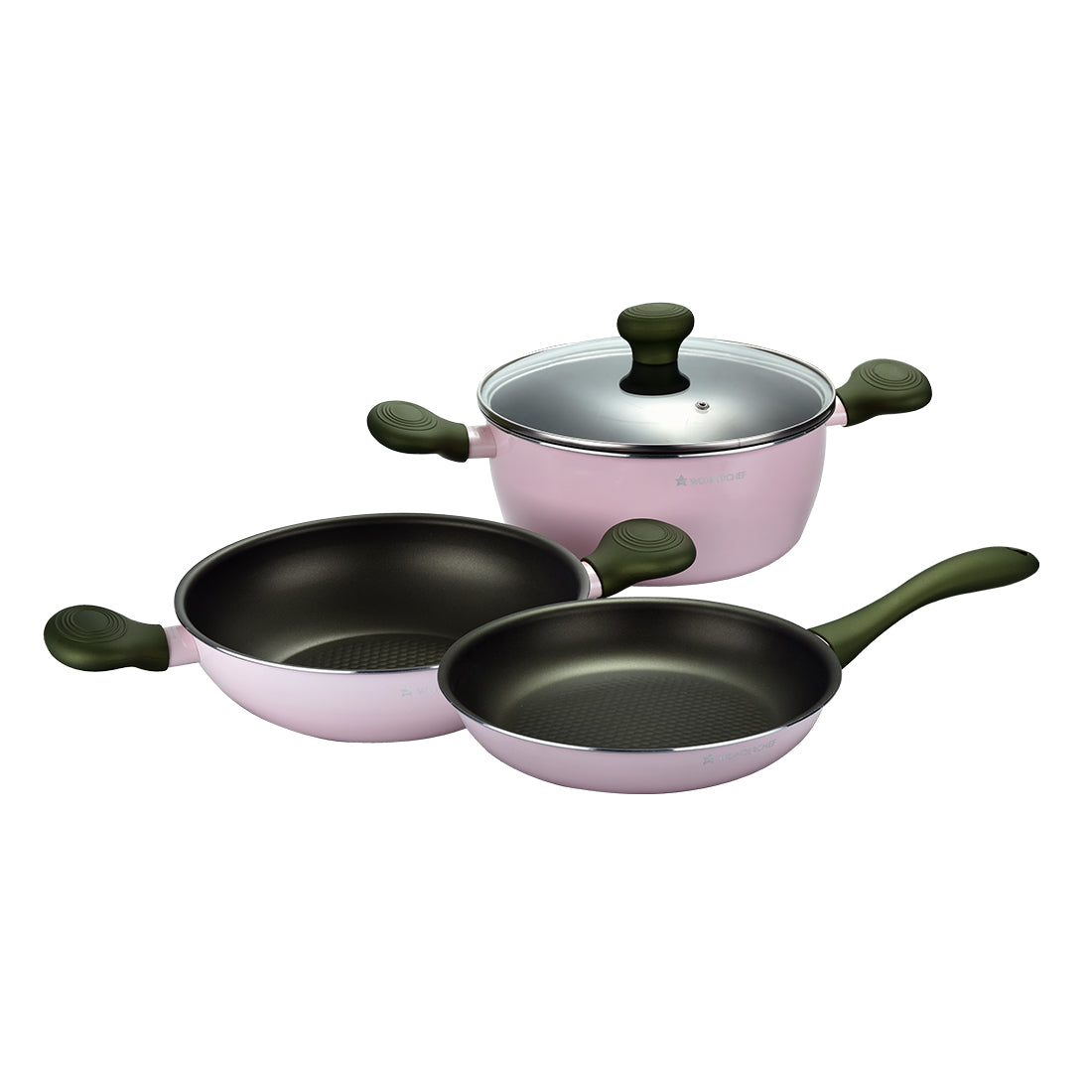 Olivia Spring Season Non-stick Cookware Set, 4Pc (Casserole with Lid, Kadhai, Fry Pan), Induction Friendly, Soft Touch Handle, Virgin Aluminium, PFOA Free, 2 Years Warranty, Pink