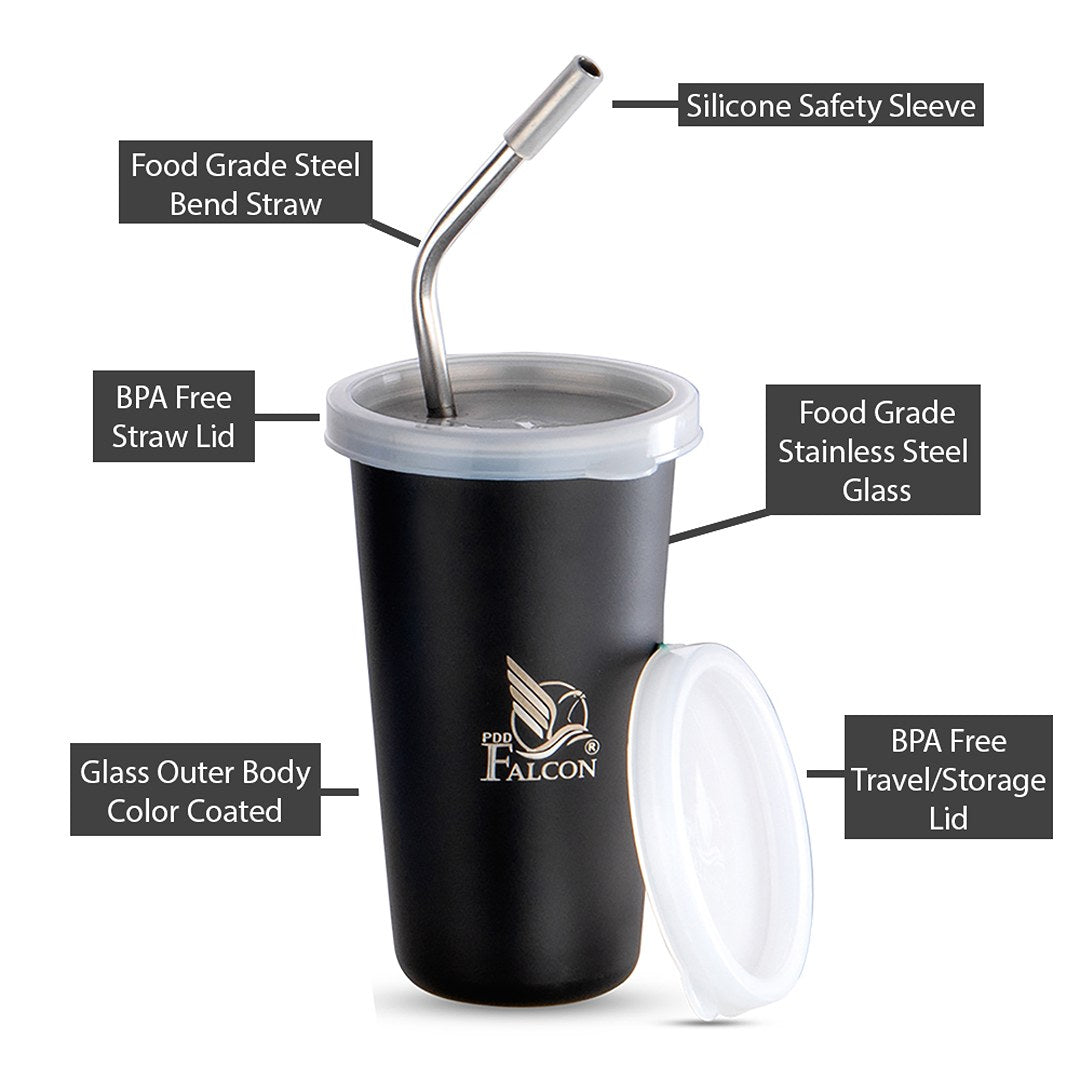 Pdd Falcon Steel Straw Glass 1 Pc Black 370 ML