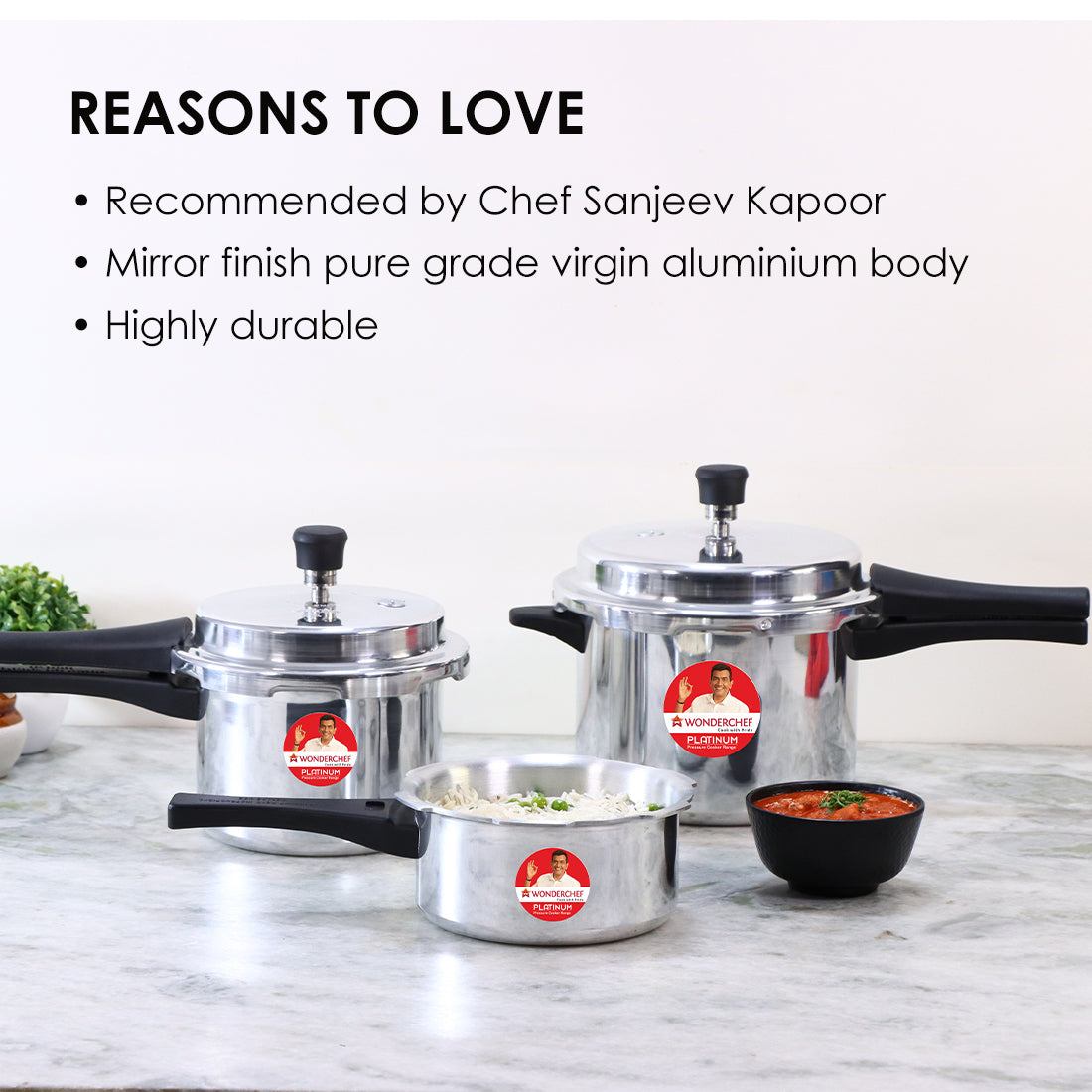 Platinum Pressure Cooker Combo Set (2L, 3L & 5L), Single valve, Ergonomic cool touch handles, Durable body,