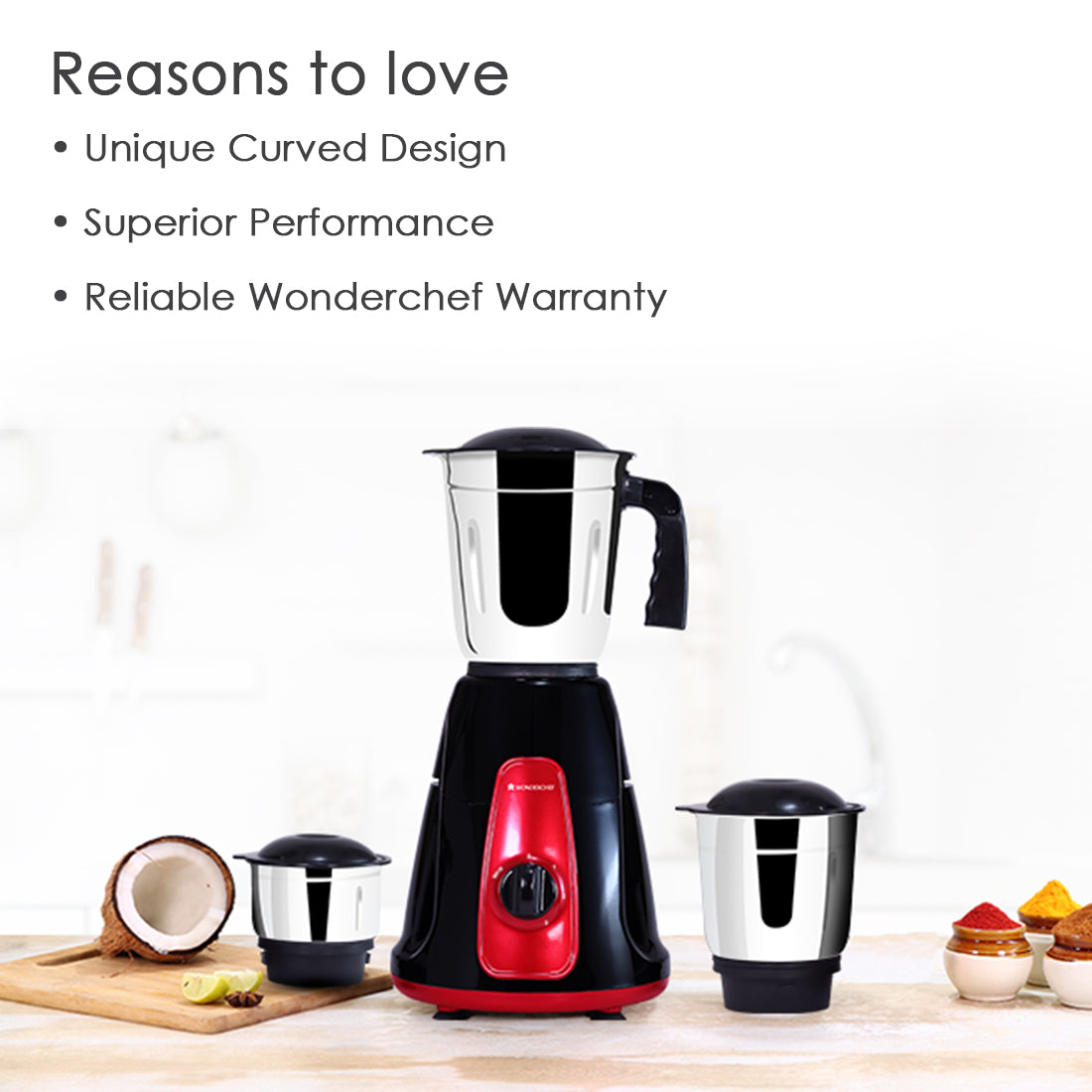 Platinum Mixer Grinder 550W with 3 Stainless Steel Jars And Anti-Rust Stainless Steel Blades, Ergonomic Handles, 5 Years Warranty On Motor,  Black & Crimson