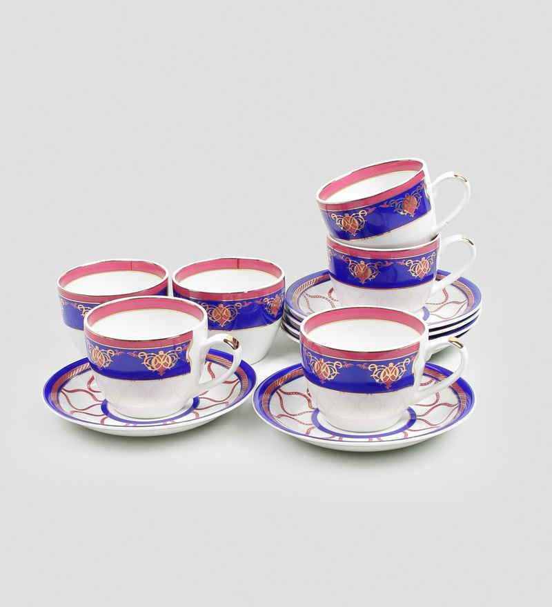 Sanjeev Kapoor Blue and White Noor Collection Printed Bone China Tea Cup set of 6 Cups and 6 Saucers