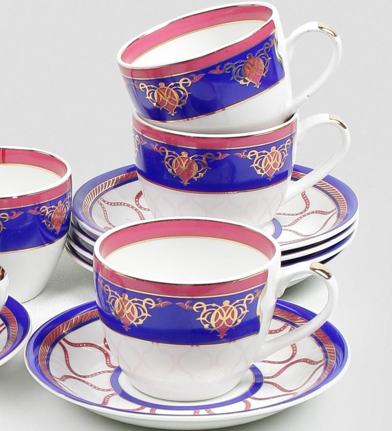 Sanjeev Kapoor Blue and White Noor Collection Printed Bone China Tea Cup set of 6 Cups and 6 Saucers