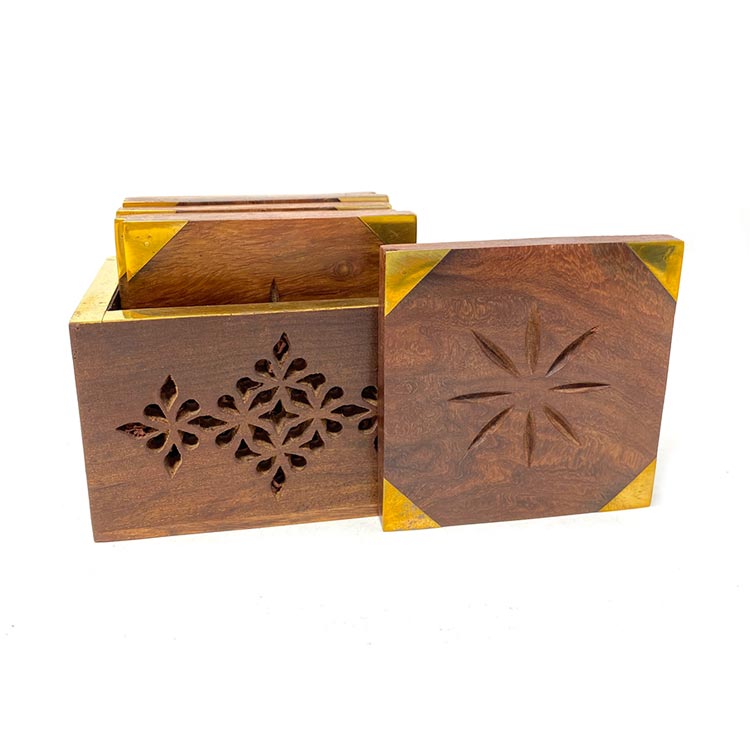 Earth Store Wooden Coaster With  Rectangular Box (Set of 6)