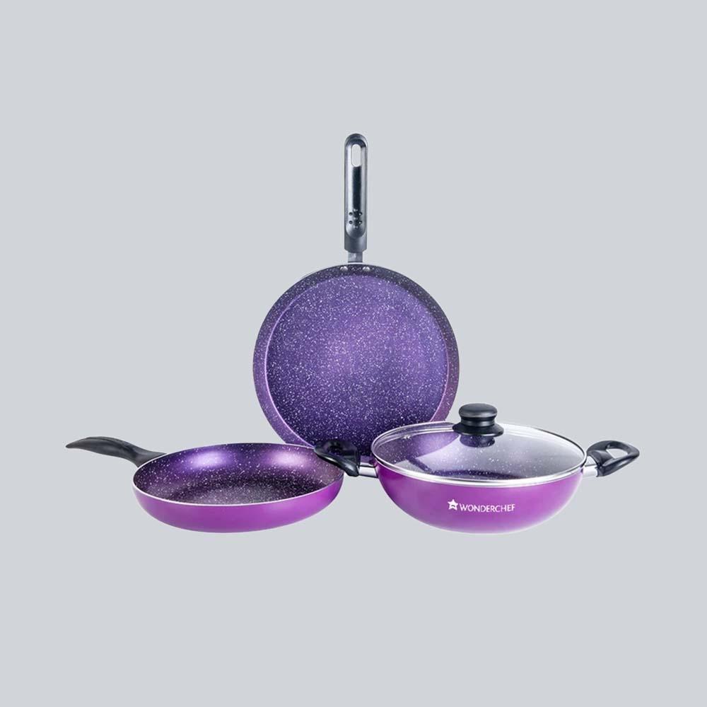 Platinum Non-stick Cookware Set, 4Pc (Wok with Lid, Fry Pan, Dosa Tawa), Cool Touch Bakelite Handles, Pure Grade Aluminium, PFOA free, Induction Friendly, 2.5 mm, 2 Years Warranty, Purple