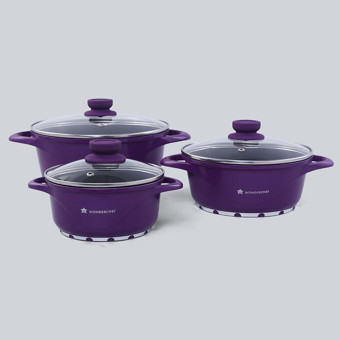 Ceramide Excellence Casserole Set, 3Pc (1200ML, 2000ML, 3500ML), Induction Friendly, Glass Lid, 2 Years Warranty, Purple