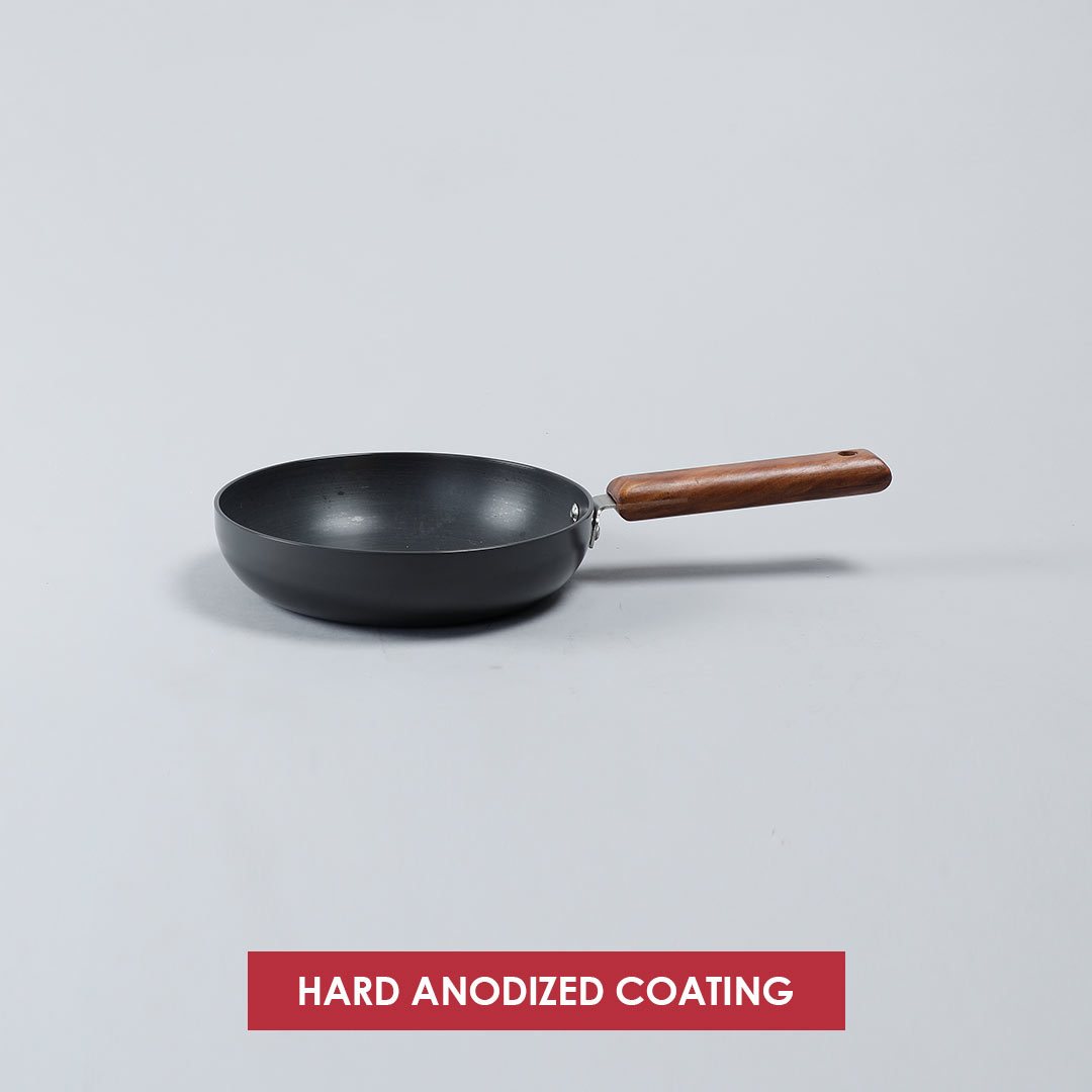 Ebony Deep Fry Pan, Induction Bottom, Wooden Handle, Hard Anodized Aluminium- 16.5cm, 750ml, 3.25mm, 5 Years Warranty, Grey