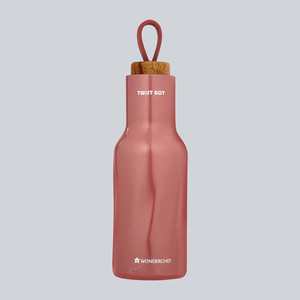 Twist-Bot, 530ml, Stainless Steel Double Wall Water Bottle, Leak-proof Wooden Lid, Rose Pearl, 2 Years Warranty