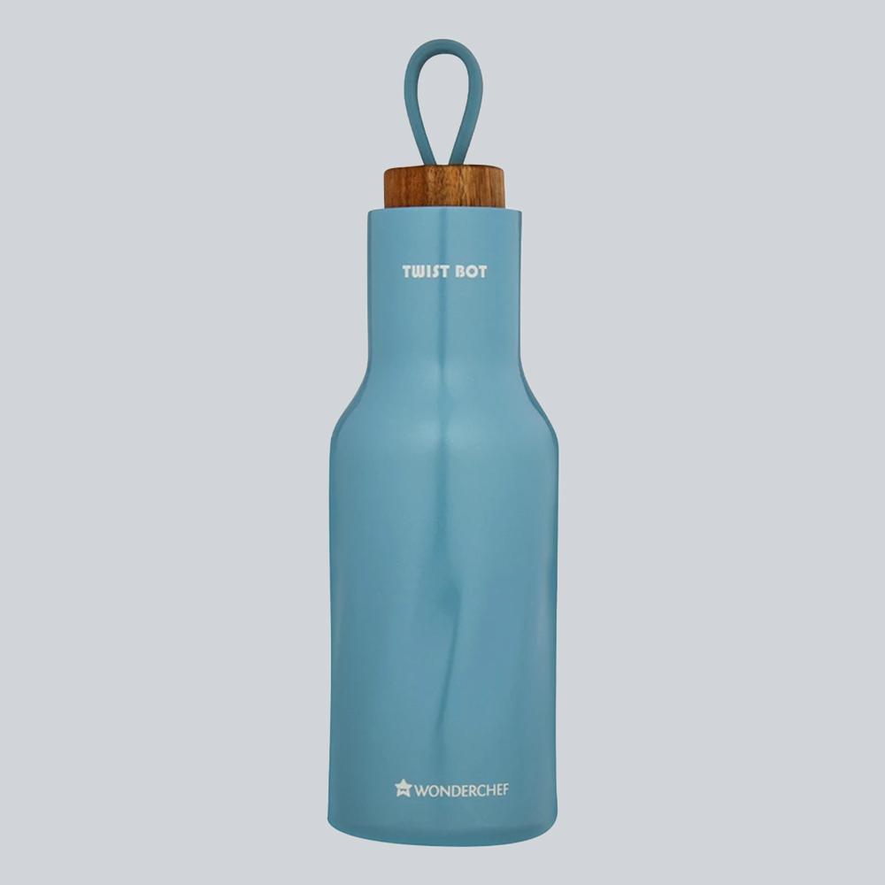 Twist-Bot, 530ml, Stainless Steel Double Wall Water Bottle, Leak-proof Wooden Lid, Blue Pearl, 2 Years Warranty