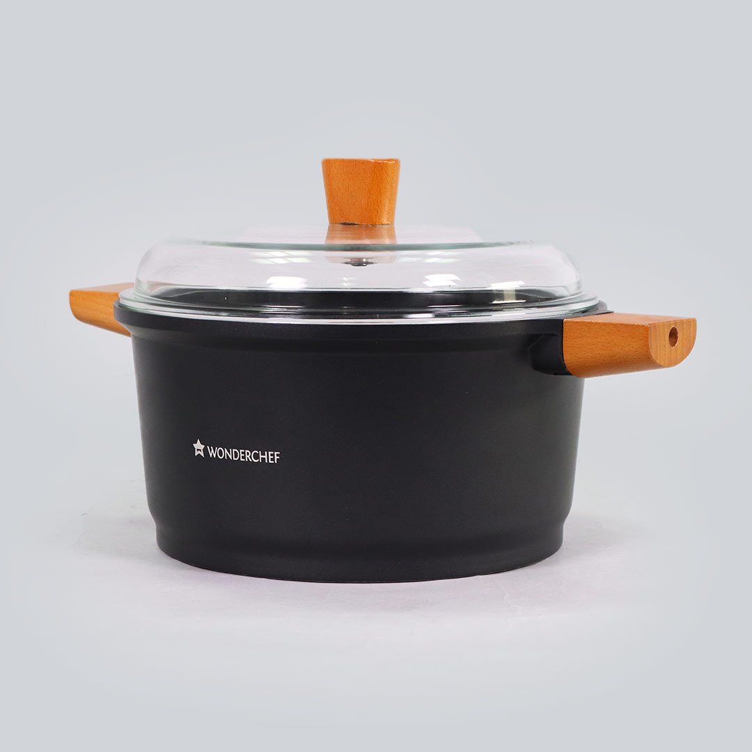 Caesar Non-Stick Casserole with Lid, German Beechwood Handle, Pure Grade Aluminium, Induction Bottom, 5mm, Black,  5 Years Warranty