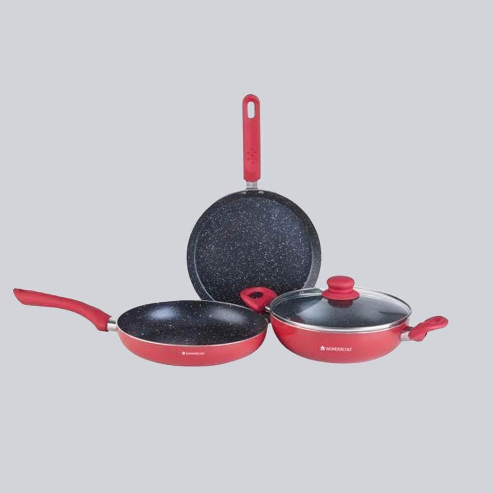 Milano Non-stick Cookware Set, 4Pc (Wok with Lid, Fry Pan, Dosa Tawa), Induction Bottom, Soft Touch Handle, Pure Grade Aluminium, PFOA Free, 2 Years Warranty, Red