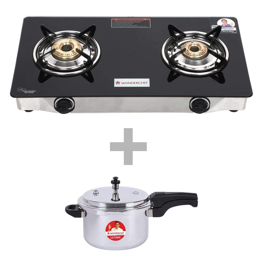 Wonderchef Combo Wonderchef Zest Glass Cooktop 2 Burner + Ultima Presure Cooker Outer Lid 5L