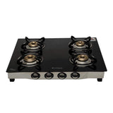 Ruby 4 Burner Glass Cooktop,  Black Toughened Glass with 1 Year Warranty, Ergonomic Knobs, Efficient Brass Burners, Stainless-steel Spill Tray, Manual Ignition