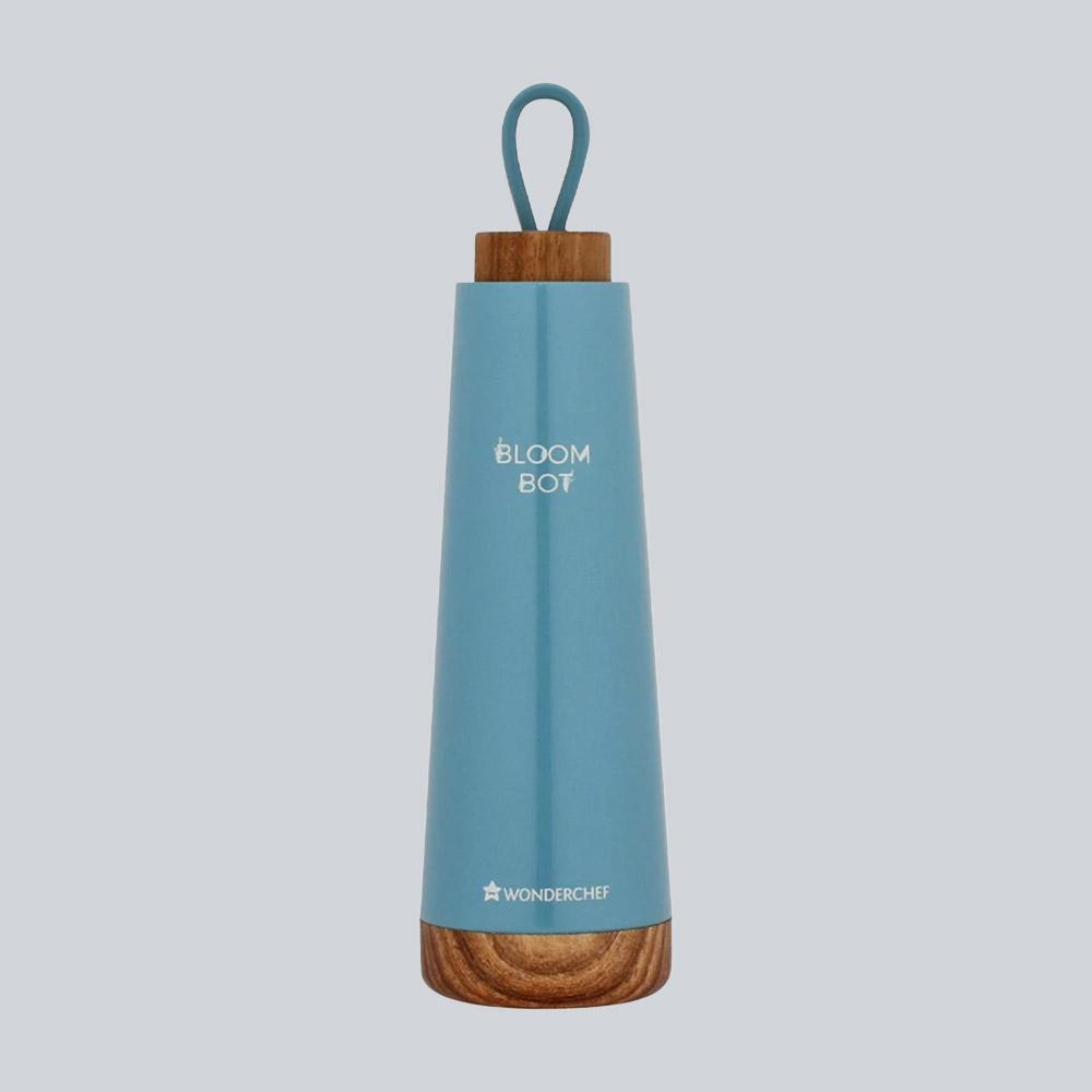 Bloom-Bot, 500ml, Stainless Steel Double Wall Water Bottle, Spill & Leak-proof , Wooden Base, Blue Pearl, 2 Years Warranty