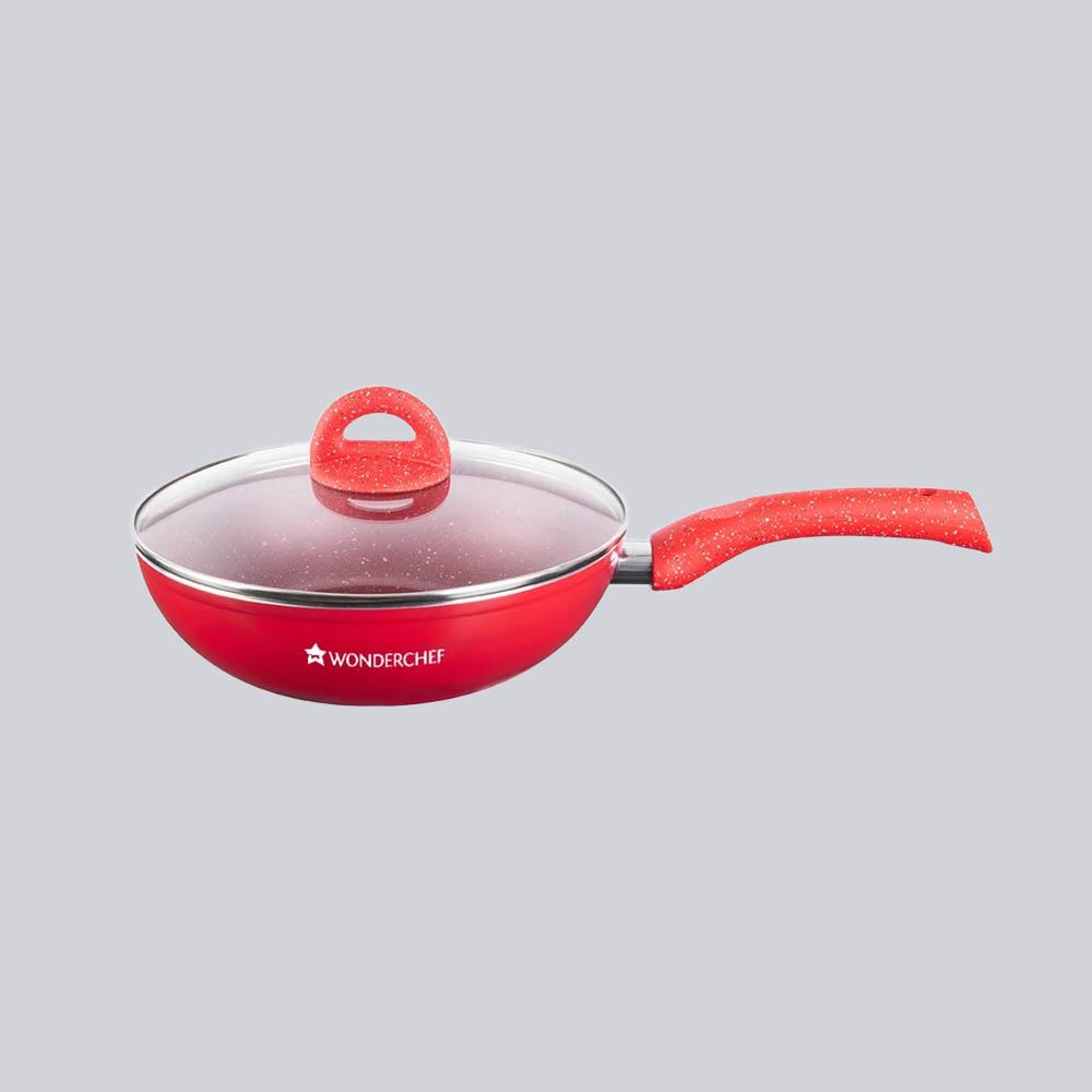 Granite Aluminium Non-stick Wok With Glass Lid, 24cm, 2.7L, 3.5mm, Red, Compatible On Hot Plate, Hobs, Gas Stove, Ceramic Plate And Induction, 2 Years Warranty