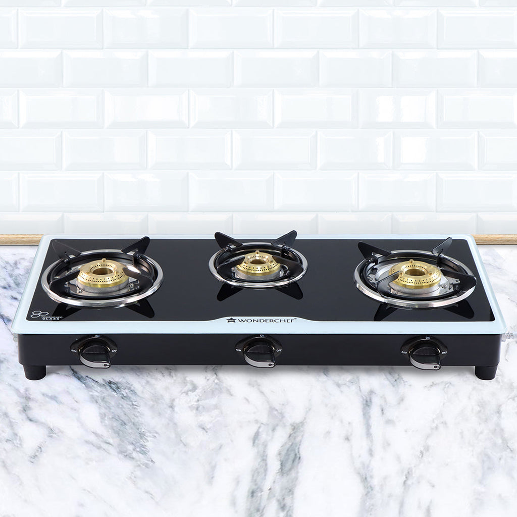 Platinum 3 Burner Glass Cooktop, Black 6mm Toughened Glass with 1 Year Warranty, Ergonomic Knobs, Stainless Steel Drip Tray, Manual Ignition Gas Stove