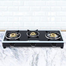 Load image into Gallery viewer, Platinum 3 Burner Glass Cooktop, Black 6mm Toughened Glass with 1 Year Warranty, Ergonomic Knobs, Stainless Steel Drip Tray, Manual Ignition Gas Stove