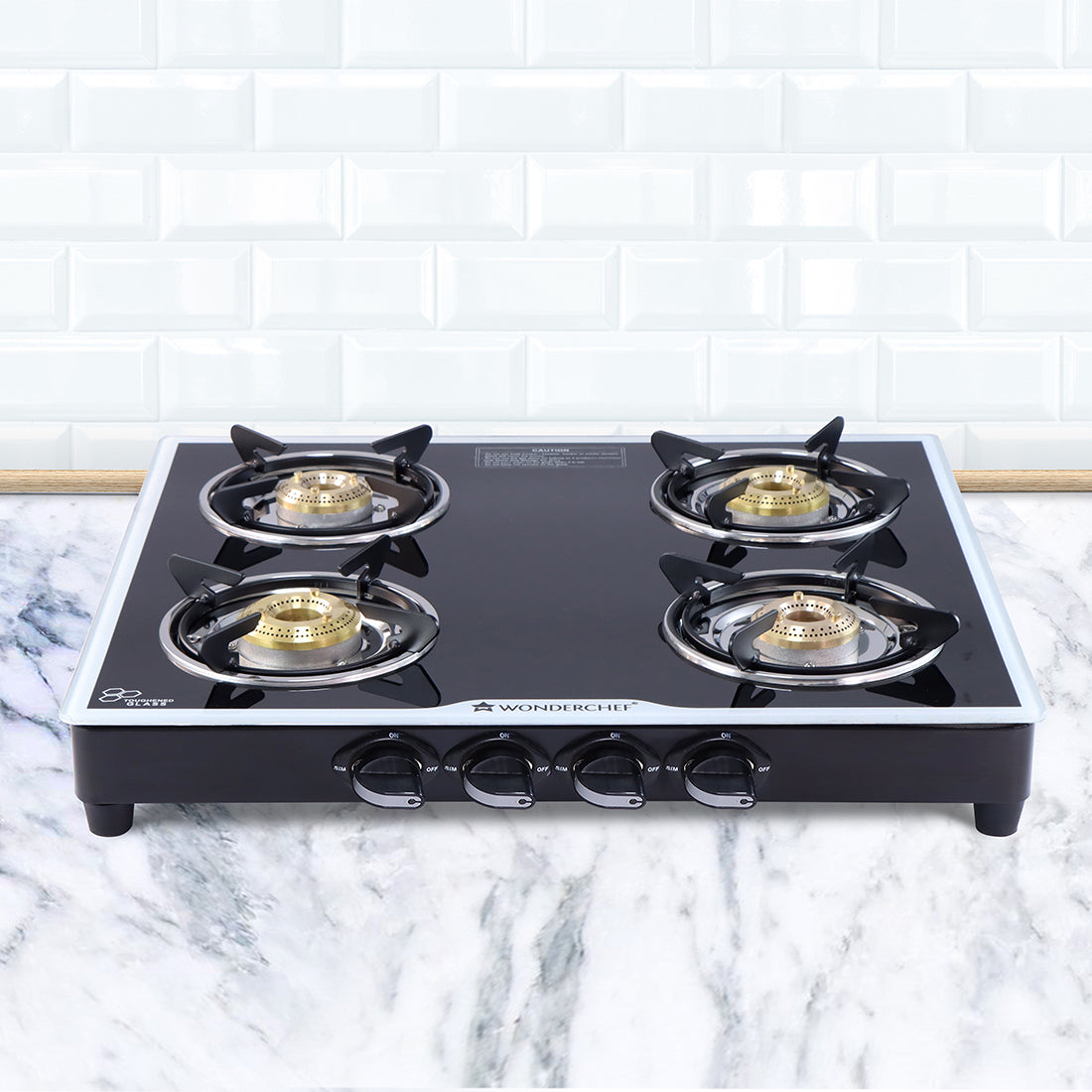 Platinum 4 Burner Glass Cooktop, Black 6mm Toughened Glass with 1 Year Warranty, Ergonomic Knobs, Stainless Steel Drip Tray, Manual Ignition Gas Stove