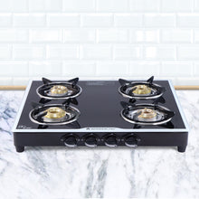 Load image into Gallery viewer, Platinum 4 Burner Glass Cooktop, Black 6mm Toughened Glass with 1 Year Warranty, Ergonomic Knobs, Stainless Steel Drip Tray, Manual Ignition Gas Stove