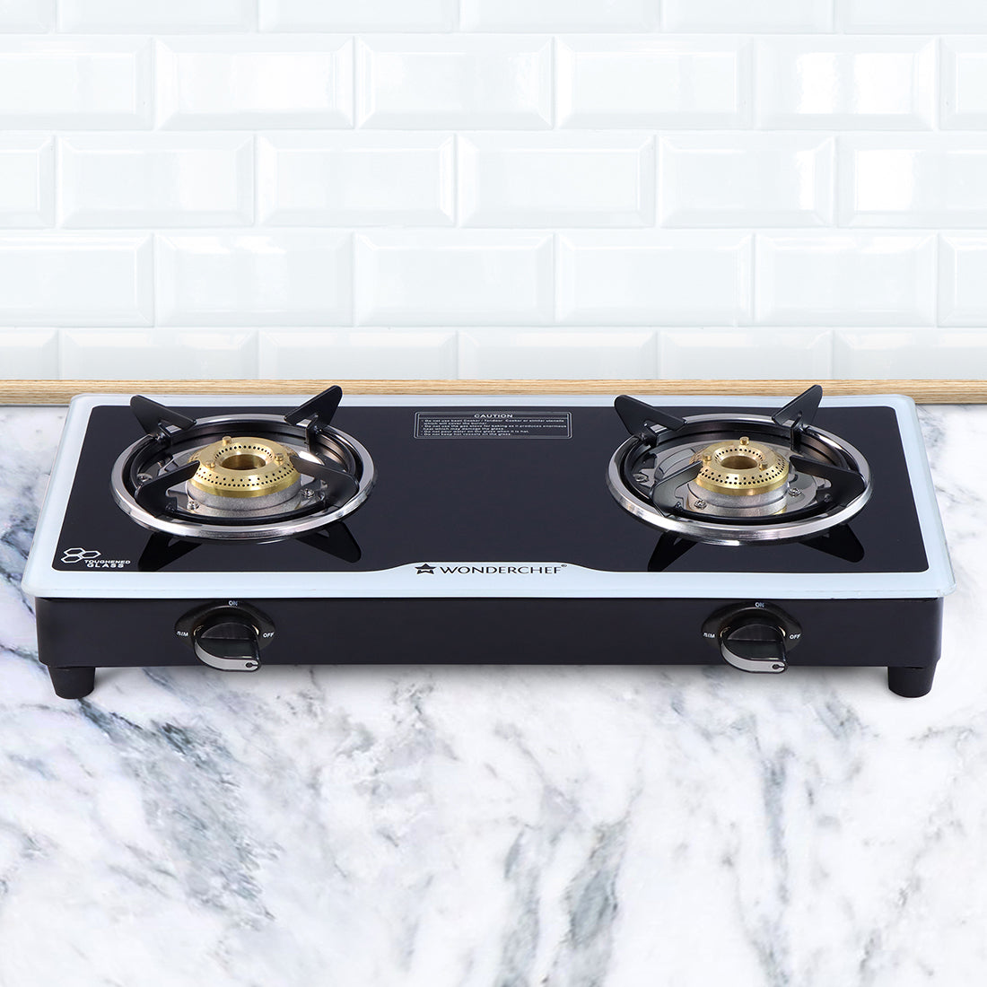 Platinum 2 Burner Glass Cooktop, Black 6mm Toughened Glass with 1 Year Warranty, Ergonomic Knobs, Stainless Steel Drip Tray, Manual Ignition Gas Stove