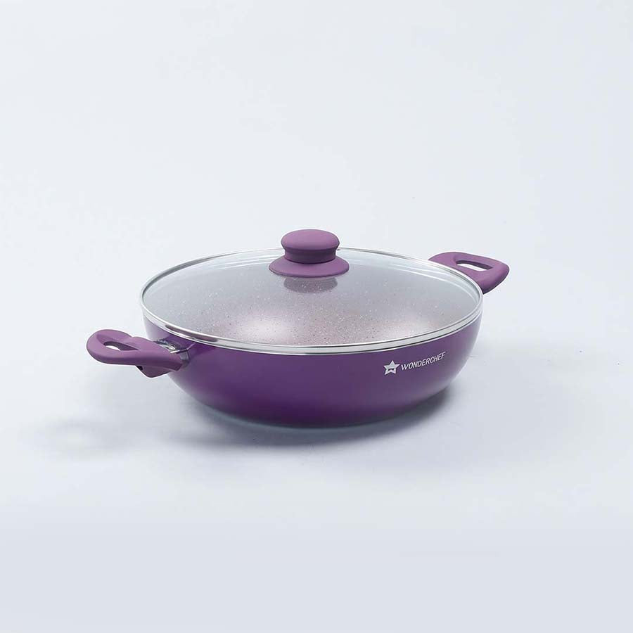 Royal Velvet Non-stick Wok with Lid, Induction bottom, Soft-touch handle, Virgin grade aluminium, PFOA/Heavy metals free, 3 mm, 2 years warranty, Purple